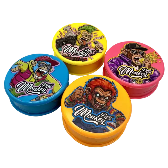 Monkey King tredelade akrylgrindrar, 60 mm, i fyra färger med tecknade apmotiv