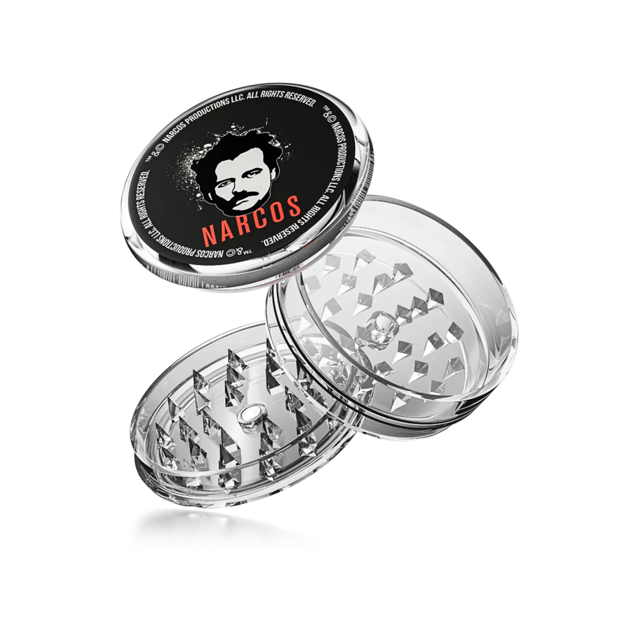 Narcos tredelad grinder i klar akryl, isärtagen