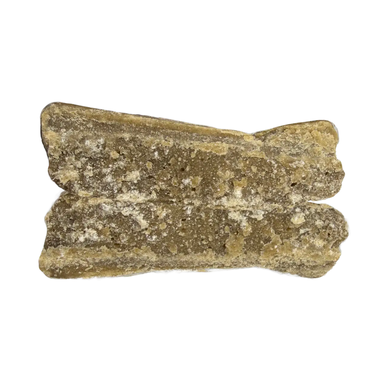 Piattella Zkittlez hash med 70 % THCA-B från Lyfted: två pressade kakor i olivbrunt med ljusa hartsfläckar