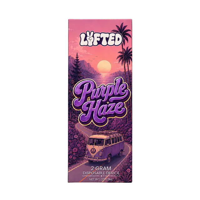 Purple Haze 50 % THCA-B 2 ml från Lyfted i förpackning med lila solnedgång