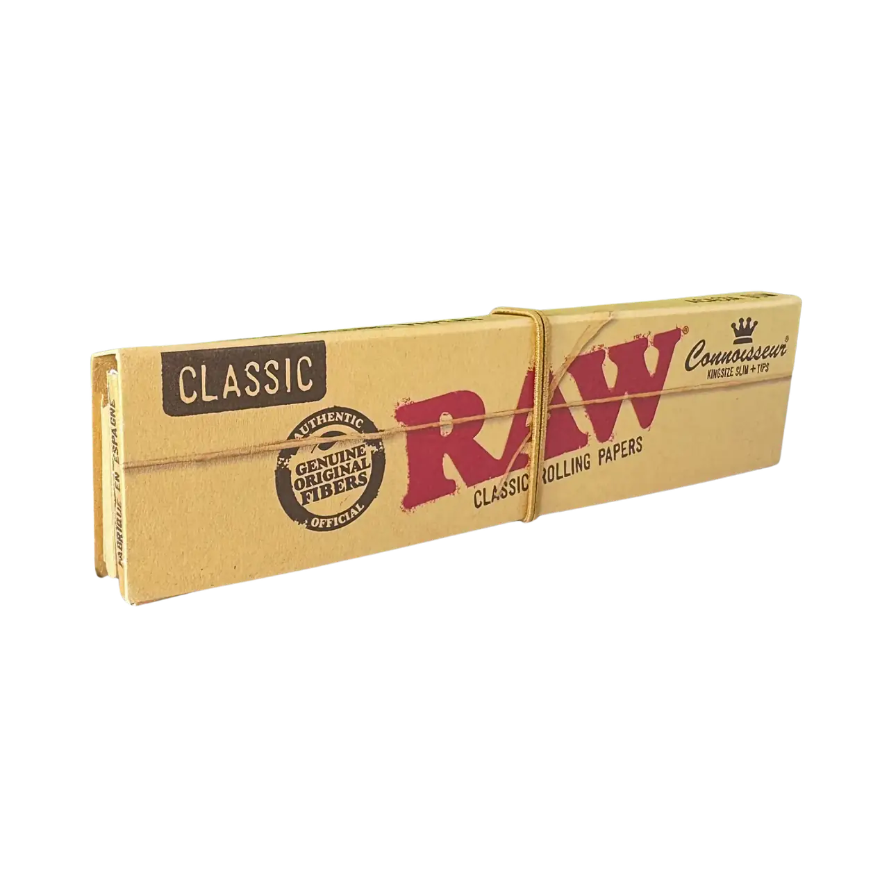 RAW Classic Connoisseur King Size Slim + Tips: häftet slutet med Connoisseur-märkningen synlig