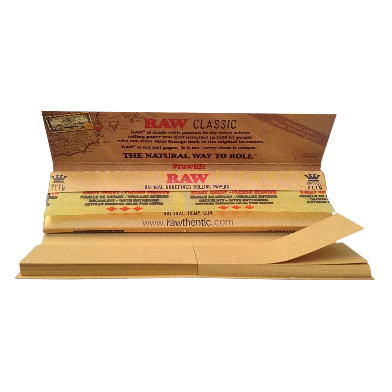 RAW Classic Connoisseur King Size Slim + Tips: häftet uppslaget med papper och tips synliga