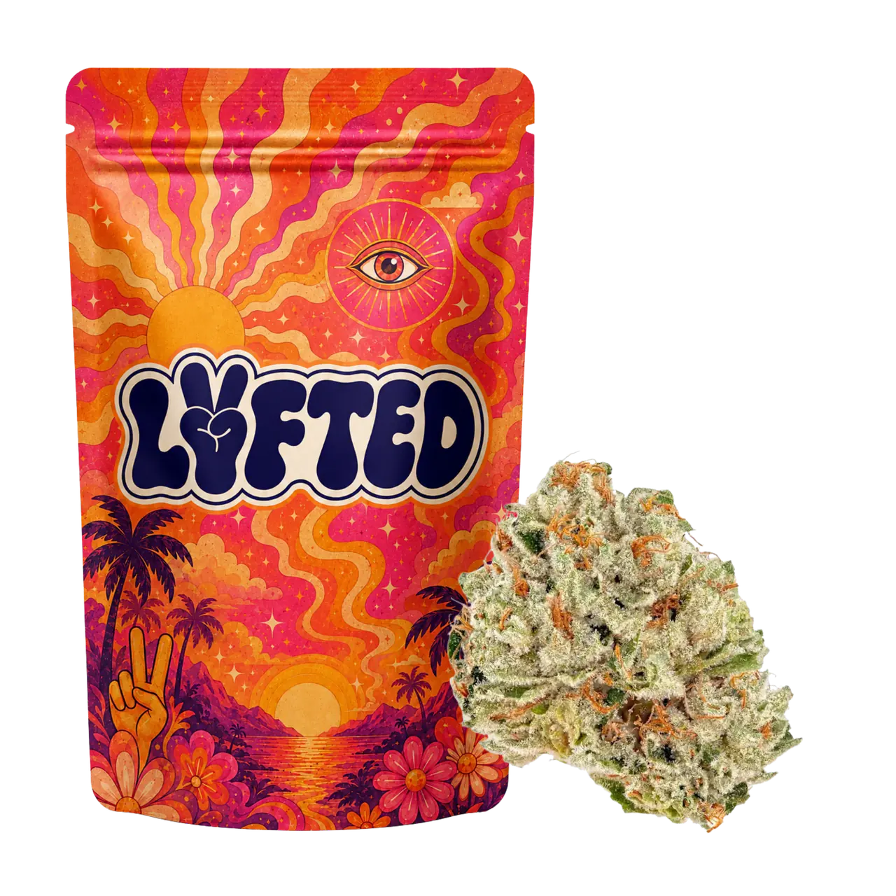 Tangerine 30 % THCA-B från Lyfted: förpackning i orange och rosa med sol, öga och palmer, bredvid en avlång ljusgrön topp
