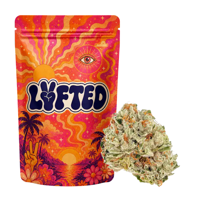Tangerine 30 % THCA-B från Lyfted: förpackning i orange och rosa med sol, öga och palmer, bredvid en avlång ljusgrön topp