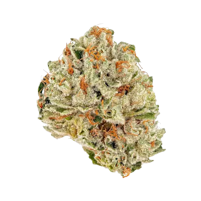 Tangerine buds med 30 % THCA-B från Lyfted: avlång ljusgrön topp tätt täckt av kristaller och orange pistiller