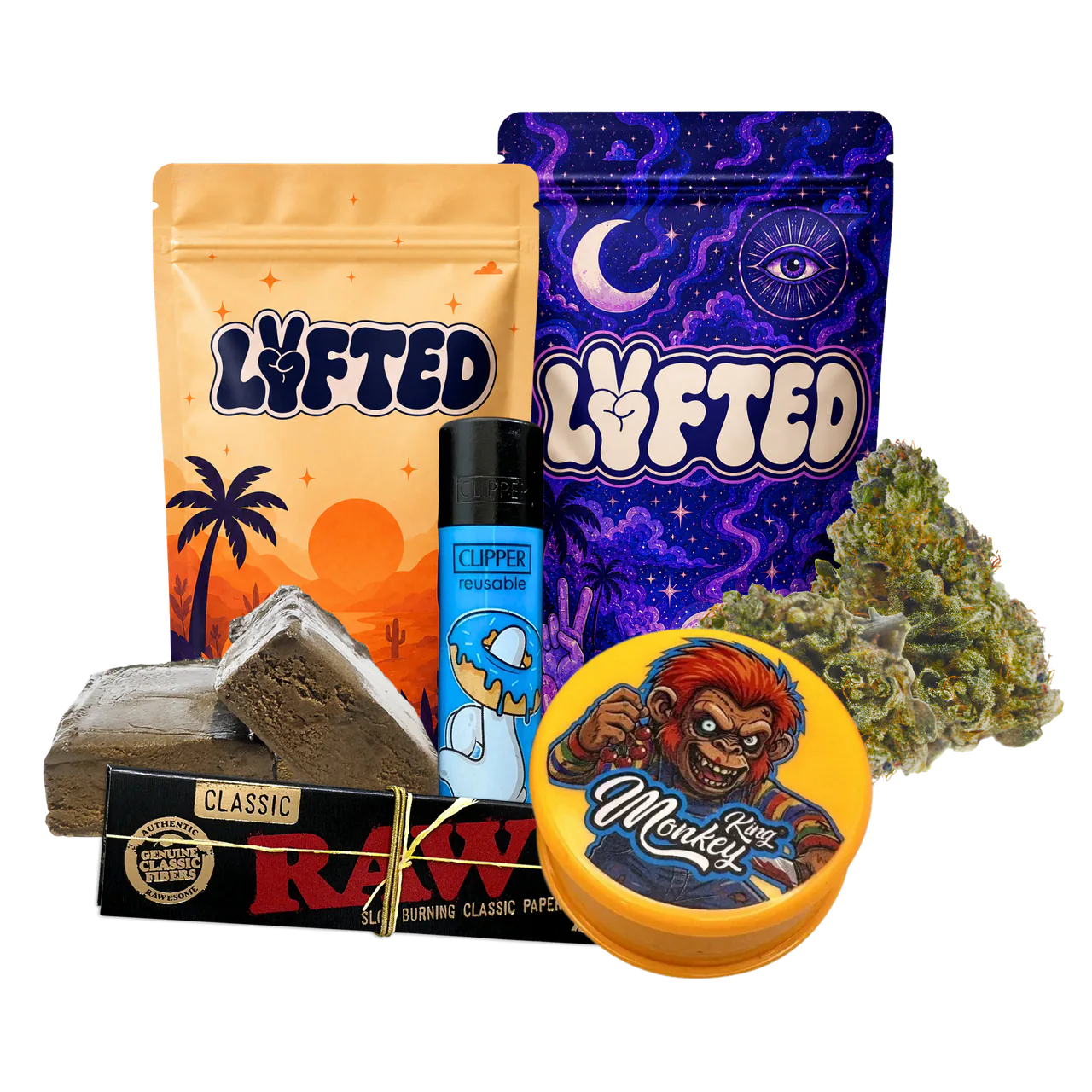 Starter Kit från Lyfted: Granddaddy Purple buds, West Coast Static hash, Monkey King grinder, RAW Connoisseur Black papper och Clipper tändare