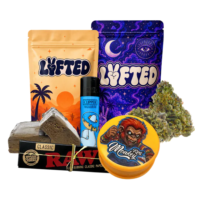 Starter Kit från Lyfted: Granddaddy Purple buds, West Coast Static hash, Monkey King grinder, RAW Connoisseur Black papper och Clipper tändare